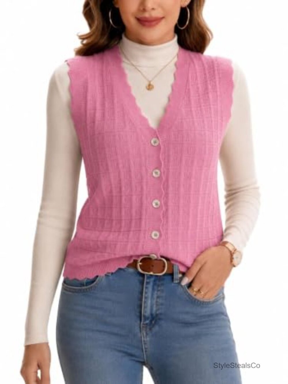 Waffle Knit Sweater Vest Sleeveless V Neck Button Up Top